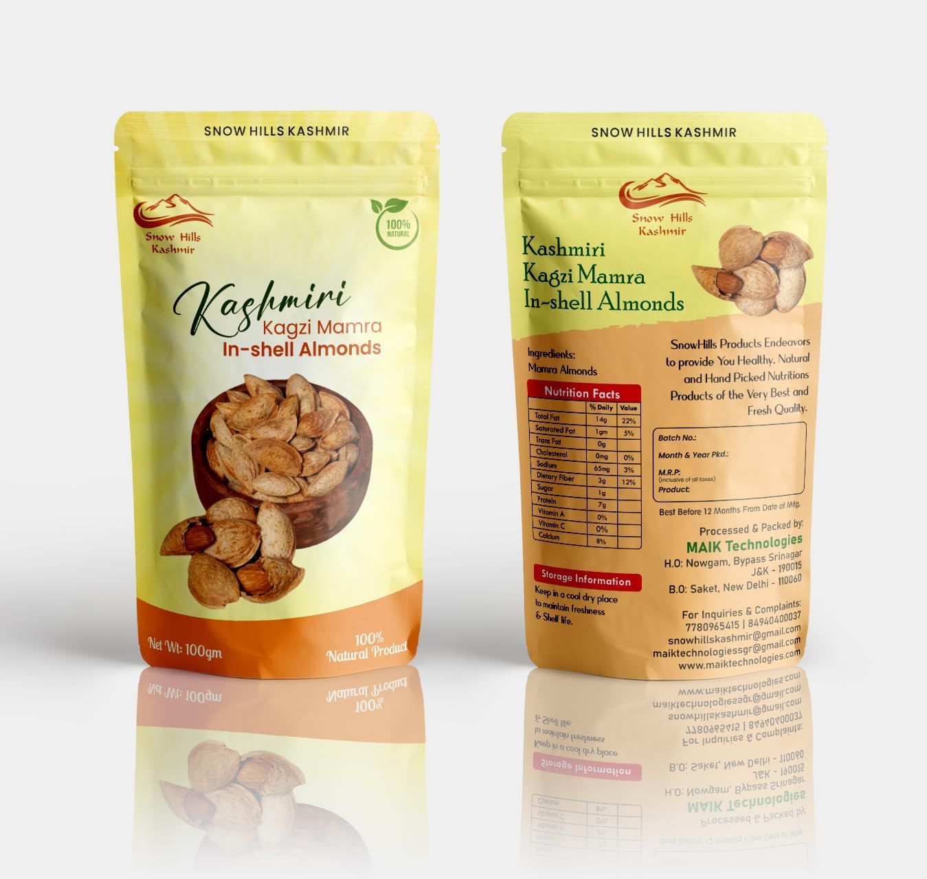 Snow Hills Kashmir Premium Kagzi Mamra Almonds -1KG | Soft Shell, Easy to Break | 100% Pure, Organically Cultivated | High Oil Content, Rich in Antioxidants | Boost Brain Power and Stamina |