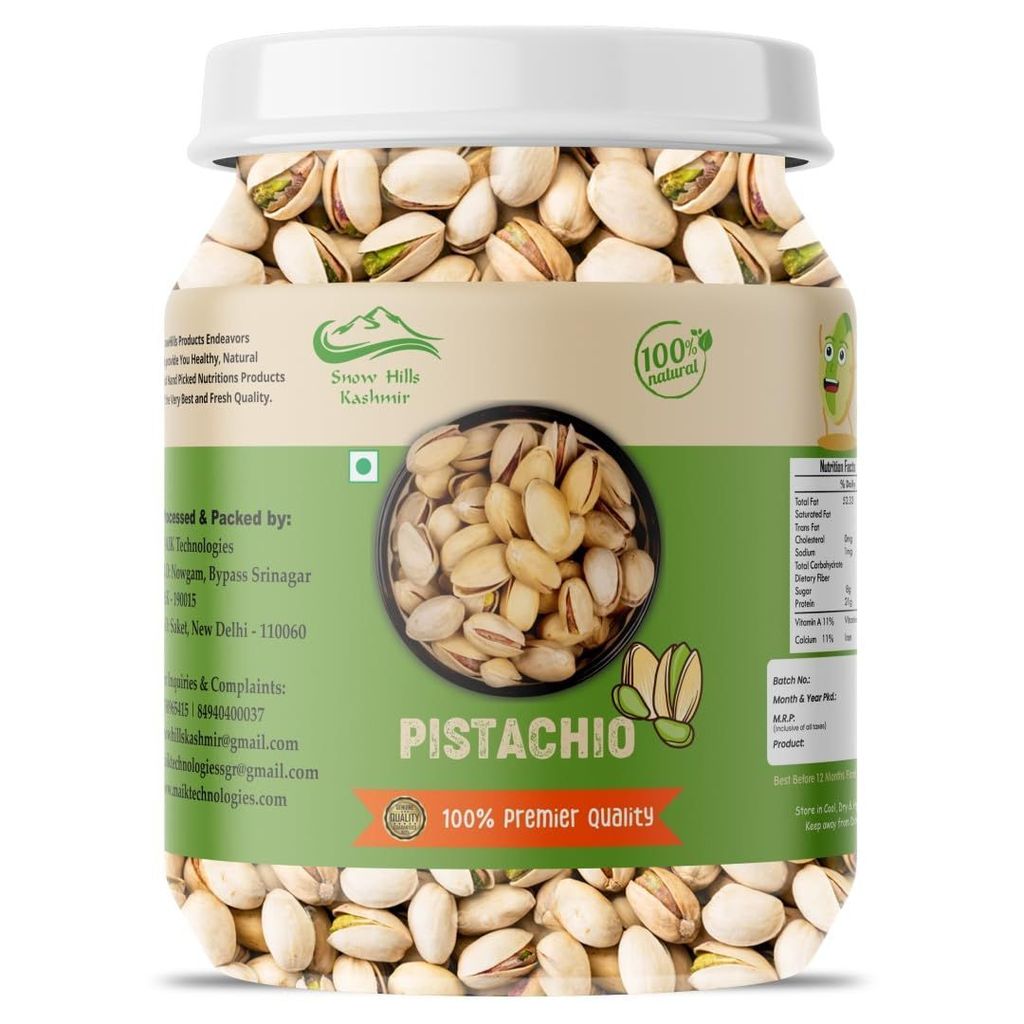 Snow Hills Kashmir Pistachio Jar 500 grams Fresh Whole Pistachios | Salted Pista With Shell | Fresh and Healthy Dry Fruits Salted Pistachios - Gift Pack Premium Dry fruits