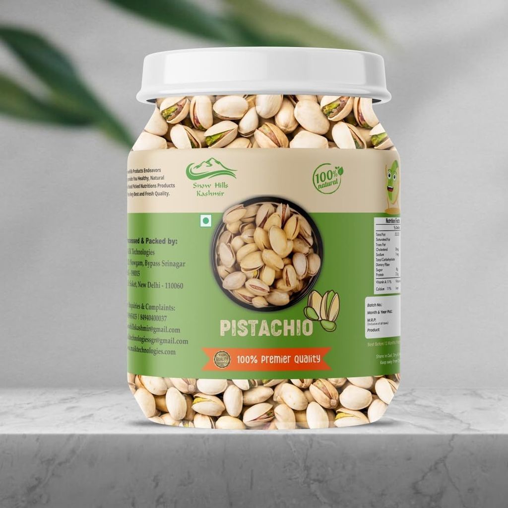 Snow Hills Kashmir Pistachio Jar 500 grams Fresh Whole Pistachios | Salted Pista With Shell | Fresh and Healthy Dry Fruits Salted Pistachios - Gift Pack Premium Dry fruits