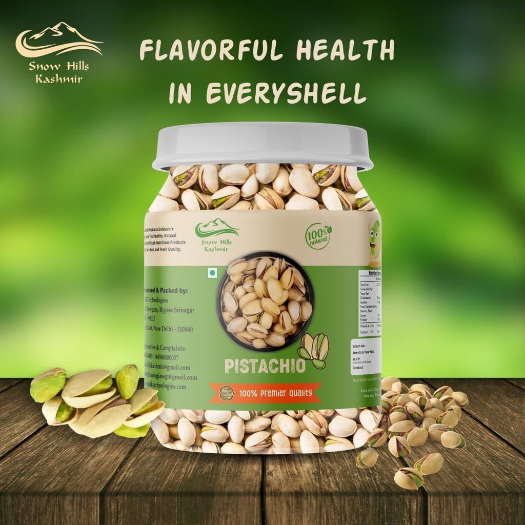 Snow Hills Kashmir Pistachio Jar 500 grams Fresh Whole Pistachios | Salted Pista With Shell | Fresh and Healthy Dry Fruits Salted Pistachios - Gift Pack Premium Dry fruits