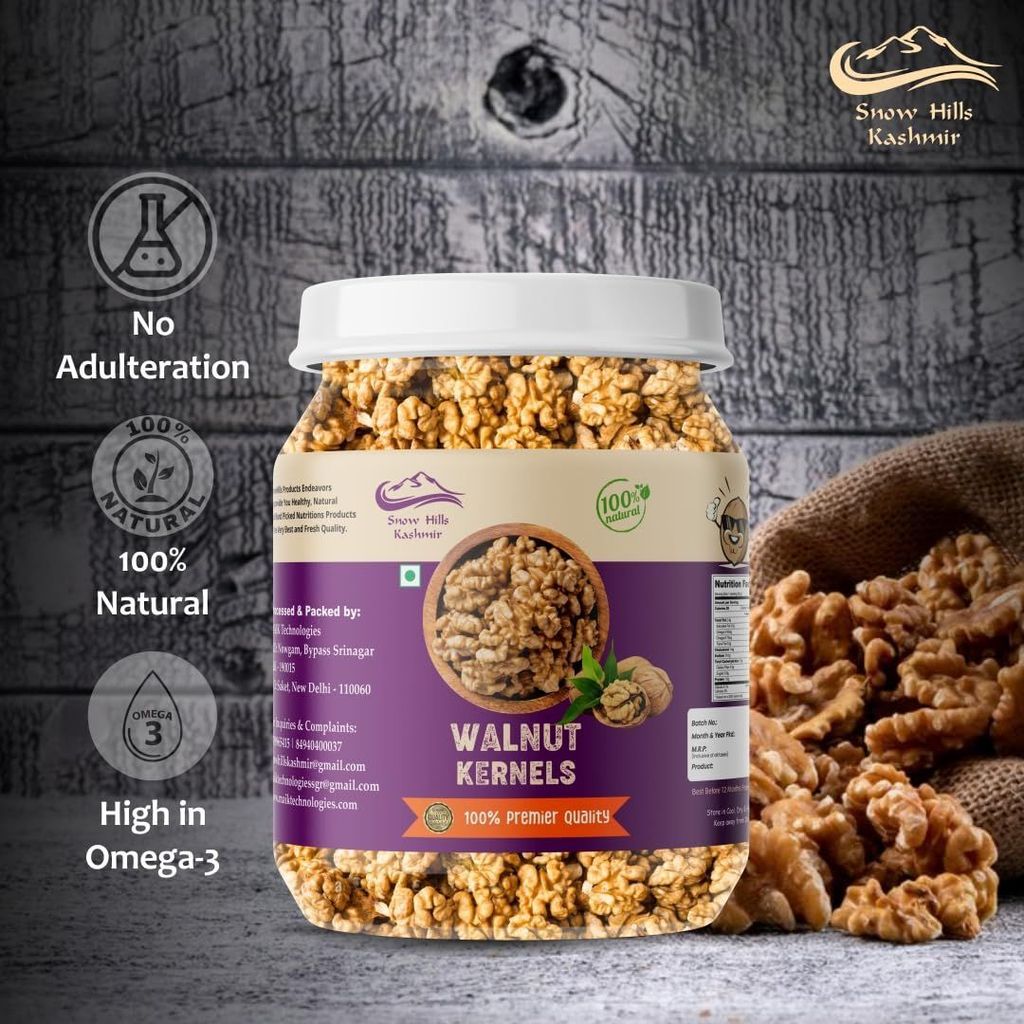 Snow Hills Kashmir Walnut Jar 500 grams Walnut Kernels 500g | Premium Akrot Giri | Fresh Whole Walnuts | Without Shell Akhrot 500gm Premium Dry fruits