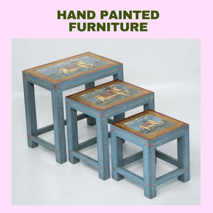 Wooden Hand Painted Pichwai Art Nesting Side Stool Set of 3