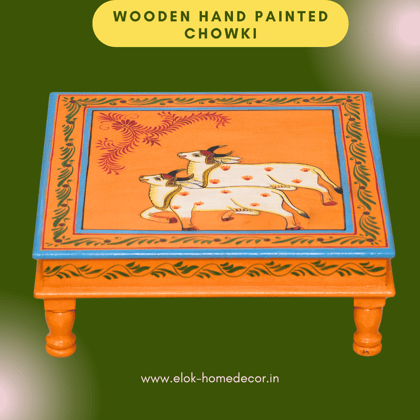 Hand painted pichwai art orange color chowki / Bajot