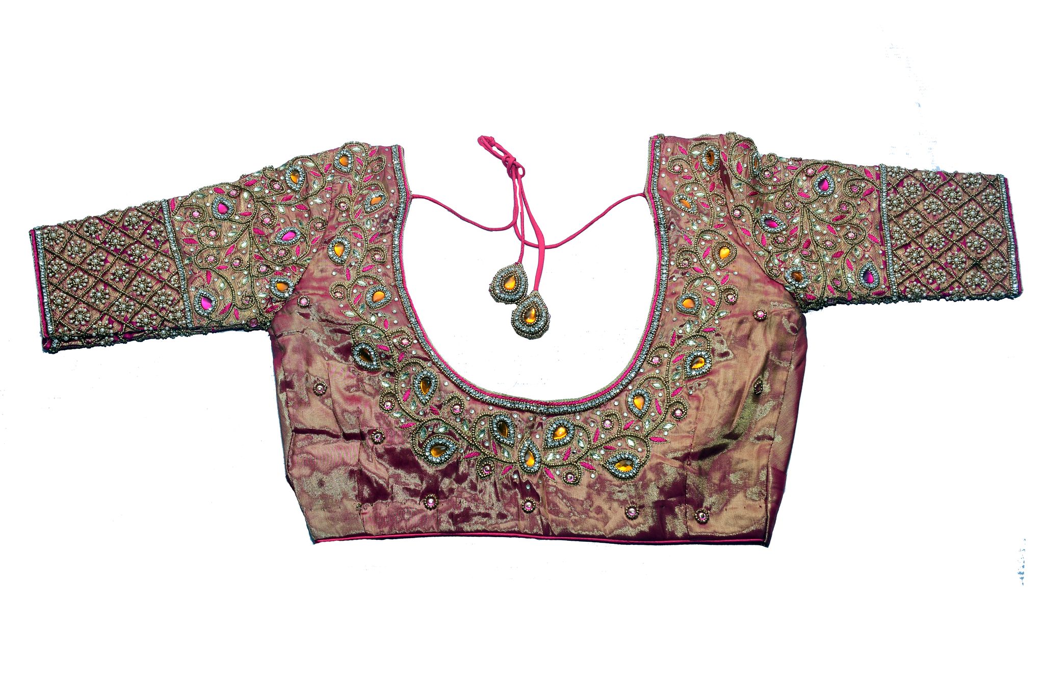 Pink Brocade Blouse With Stone and Pearl Embroidered Neckline