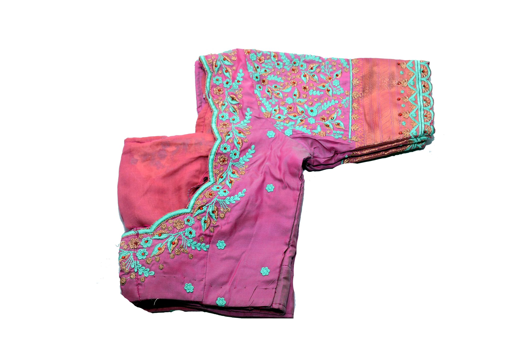  Pink Brocade Blouse With Floral Embroidery