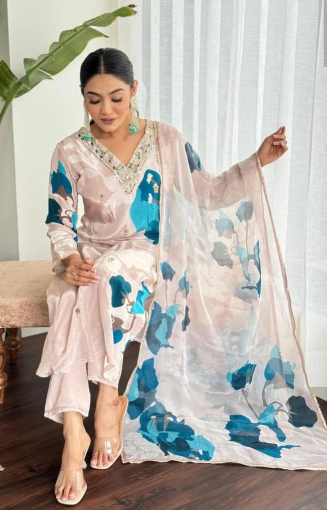 Affordable Women Peachy Bliss: Embroidered Crepe Kurta Set with Floral Printed Dupatta 2025 at S