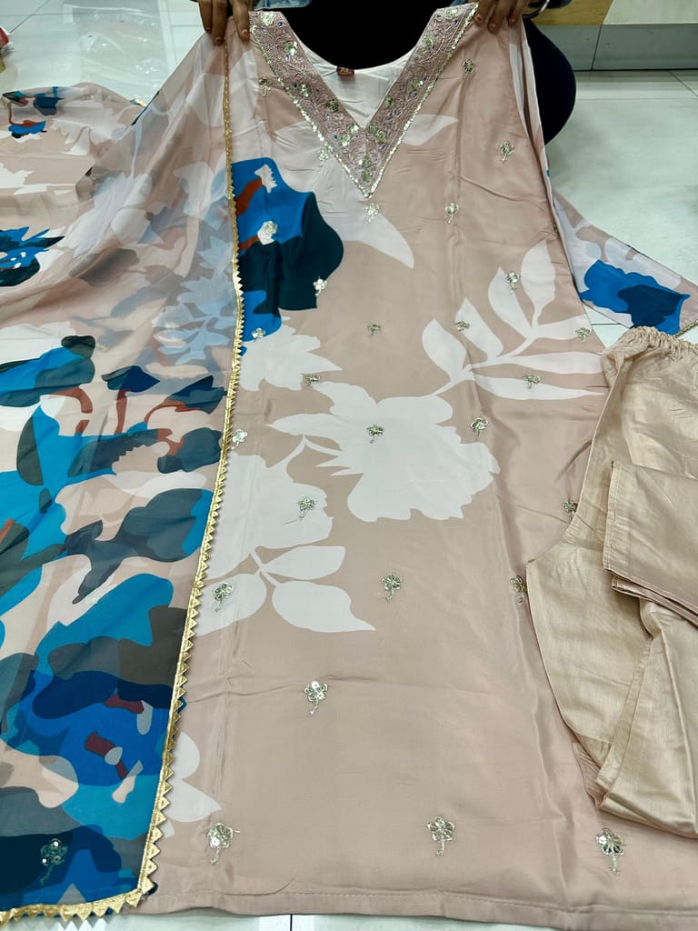 Affordable Women Peachy Bliss: Embroidered Crepe Kurta Set with Floral Printed Dupatta 2025 at S