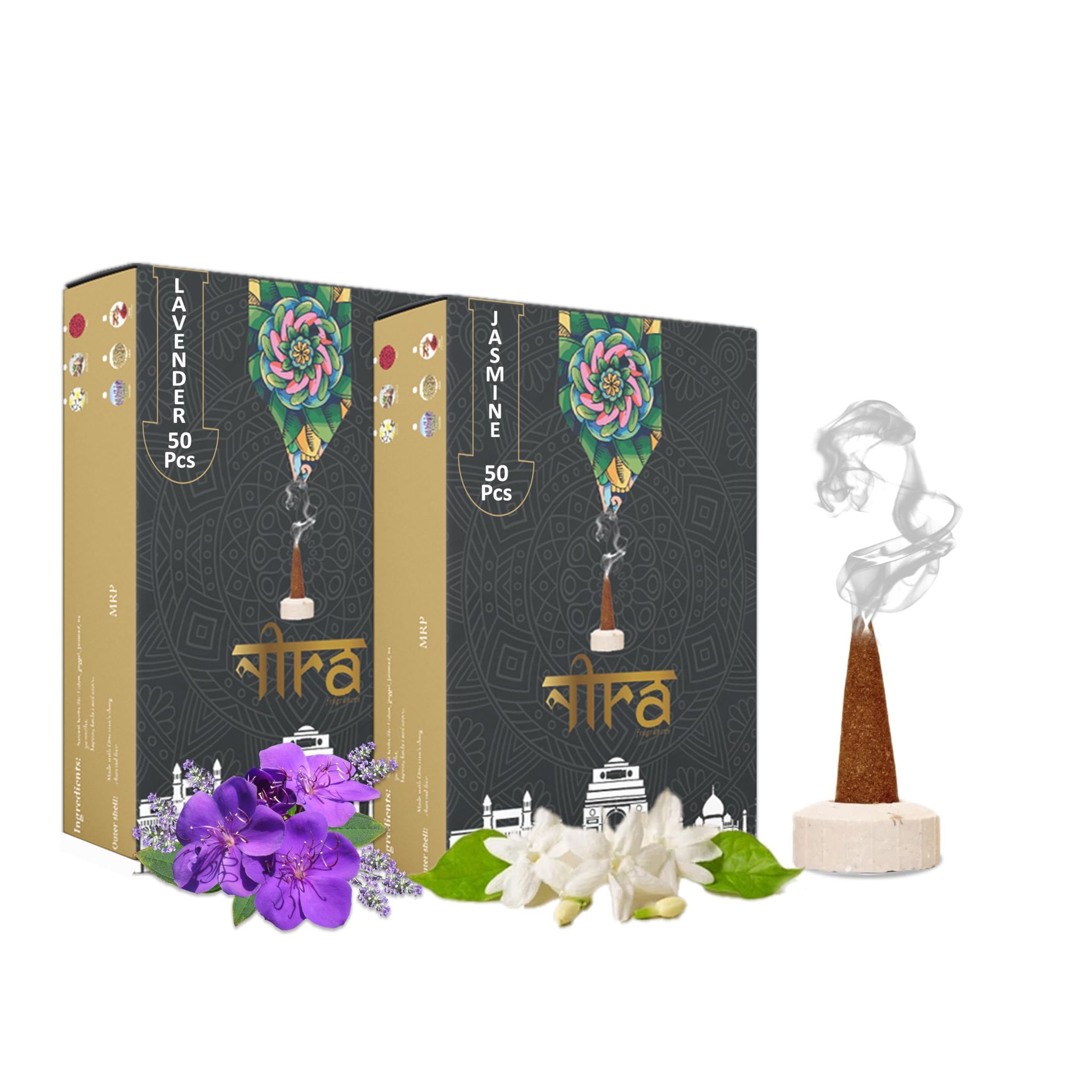 Nira Fragrances Natural Cow Dung Incense Cones |100 Organic Dhoop Cones with Lavender & Jasmine Fragrances | Best for Pooja, Meditation, and Aromatherapy | Free Dhoop Stand Included