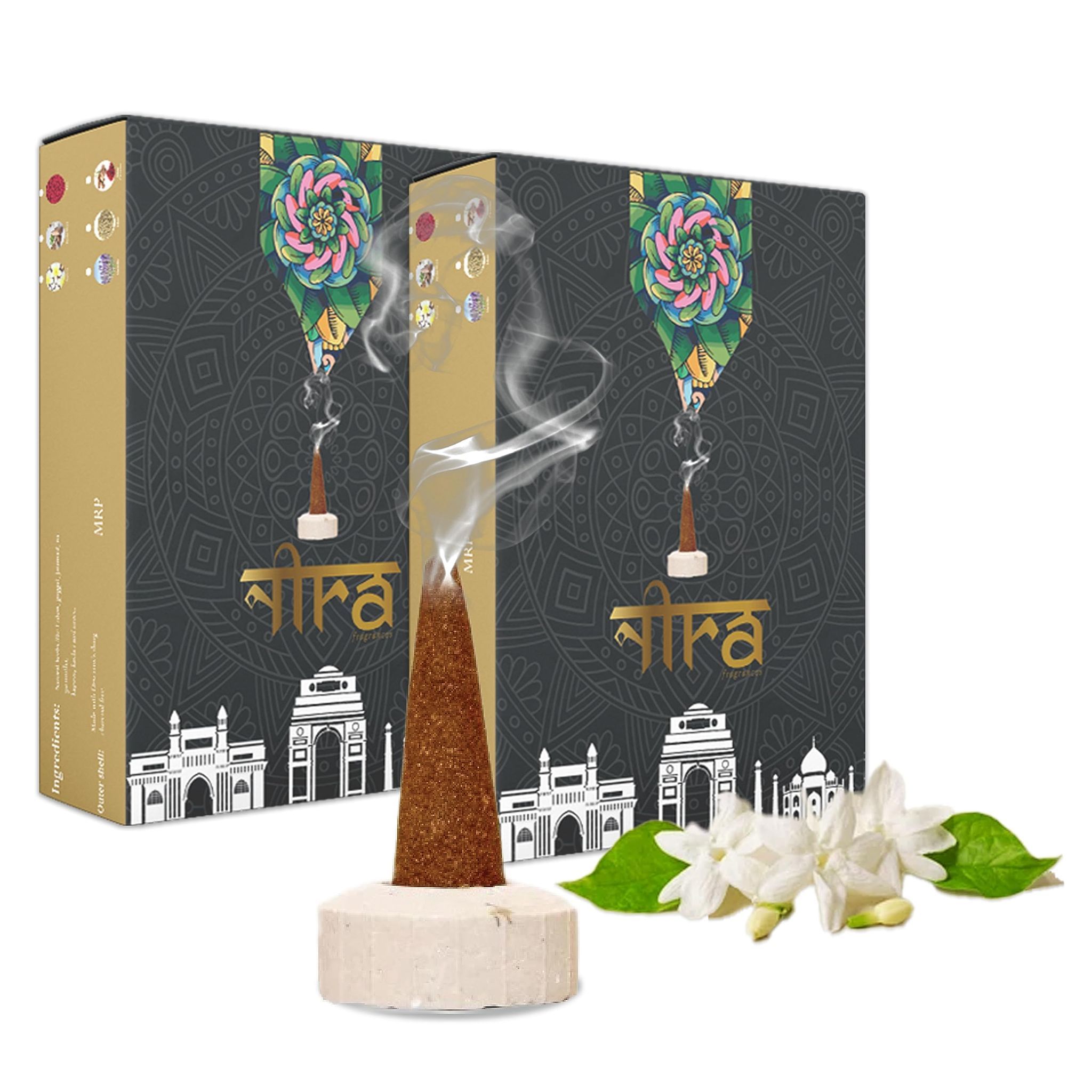 Nira Fragrances Natural Cow Dung Incense Cones |100 Organic Dhoop Cones with Jasmine Fragrances | Best for Pooja, Meditation, and Aromatherapy | Free Dhoop Stand Included