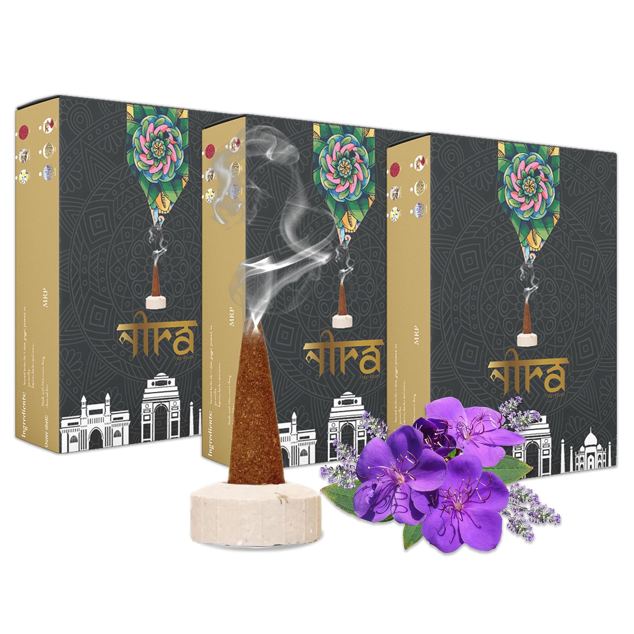 Nira Fragrances Natural Cow Dung Incense Cones |150 Organic Dhoop Cones with Lavender Fragrances | Best for Pooja, Meditation, and Aromatherapy | Free Dhoop Stand Included