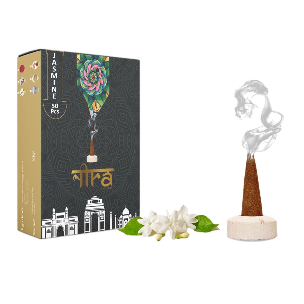 Nira Fragrances Natural Cow Dung Incense Cones | 50 Organic Dhoop Cones with Jasmine Fragrances | Best for Pooja, Meditation, and Aromatherapy | Free Dhoop Stand Included