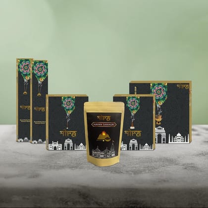 Nira Fragrances Holistic Vedic Combo | 80 Rose & Kesar Chandan Incense Sticks | 50 Chandan Dhoop Cones | 40 Lavender Dhoop Sticks | 12 Gugal Sambrani Cups | 250 Gm Vedic Havan Samagri | 100% Organic Nira Fragrances Holistic Vedic Combo | 80 Rose & Kesar Chandan Incense Sticks | 50 Chandan Dhoop Cones | 40 Lavender Dhoop Sticks | 12 Gugal Sambrani Cups | 250 Gm Vedic Havan Samagri | 100% Organic