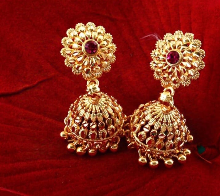  14KT Gold Plated Ruby Red Stone Jhumka Earrings