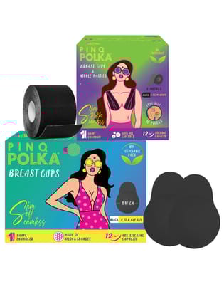 PINQ POLKA Premium Reusable Breast Lift Cup (Black) (A-B Cup) 2 pcs & Breast Tape (Black) for Push up/Lift, 1 Pc