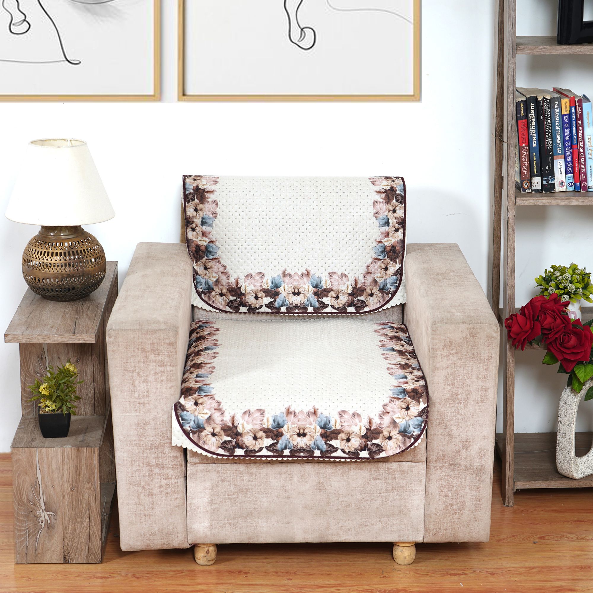 Fabricasa Modern Quilted Reversible Velvet Sofa Cover- Beige 1 Seater