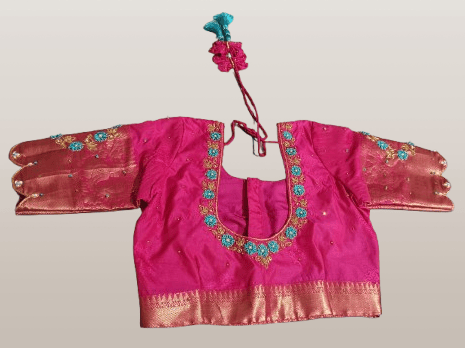  Pink Hand Embroidered Boat Neck Blouse With Elbow Sleeves