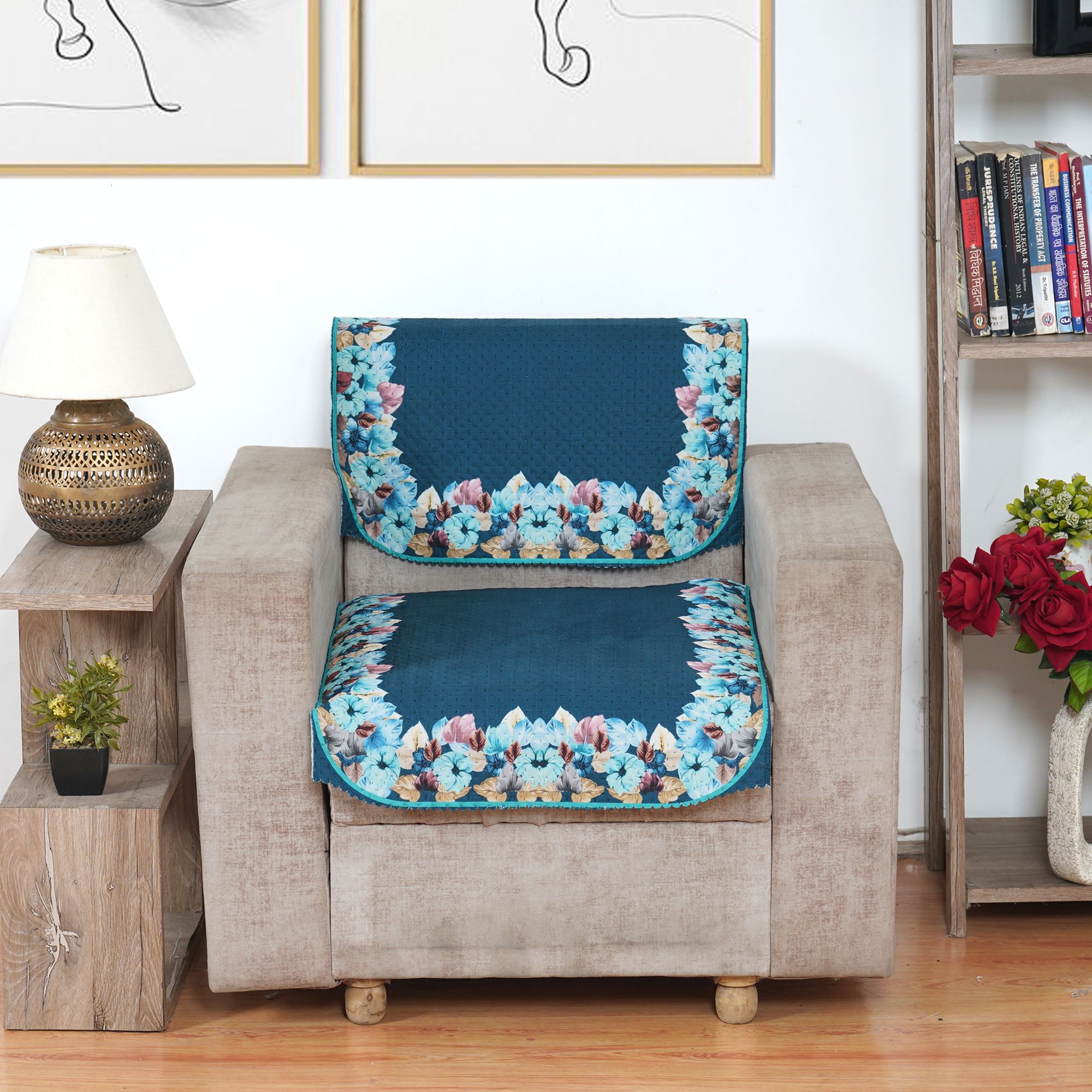 Fabricasa Modern Quilted Reversible Velvet Sofa Cover- Turquise Blue 1 Seater