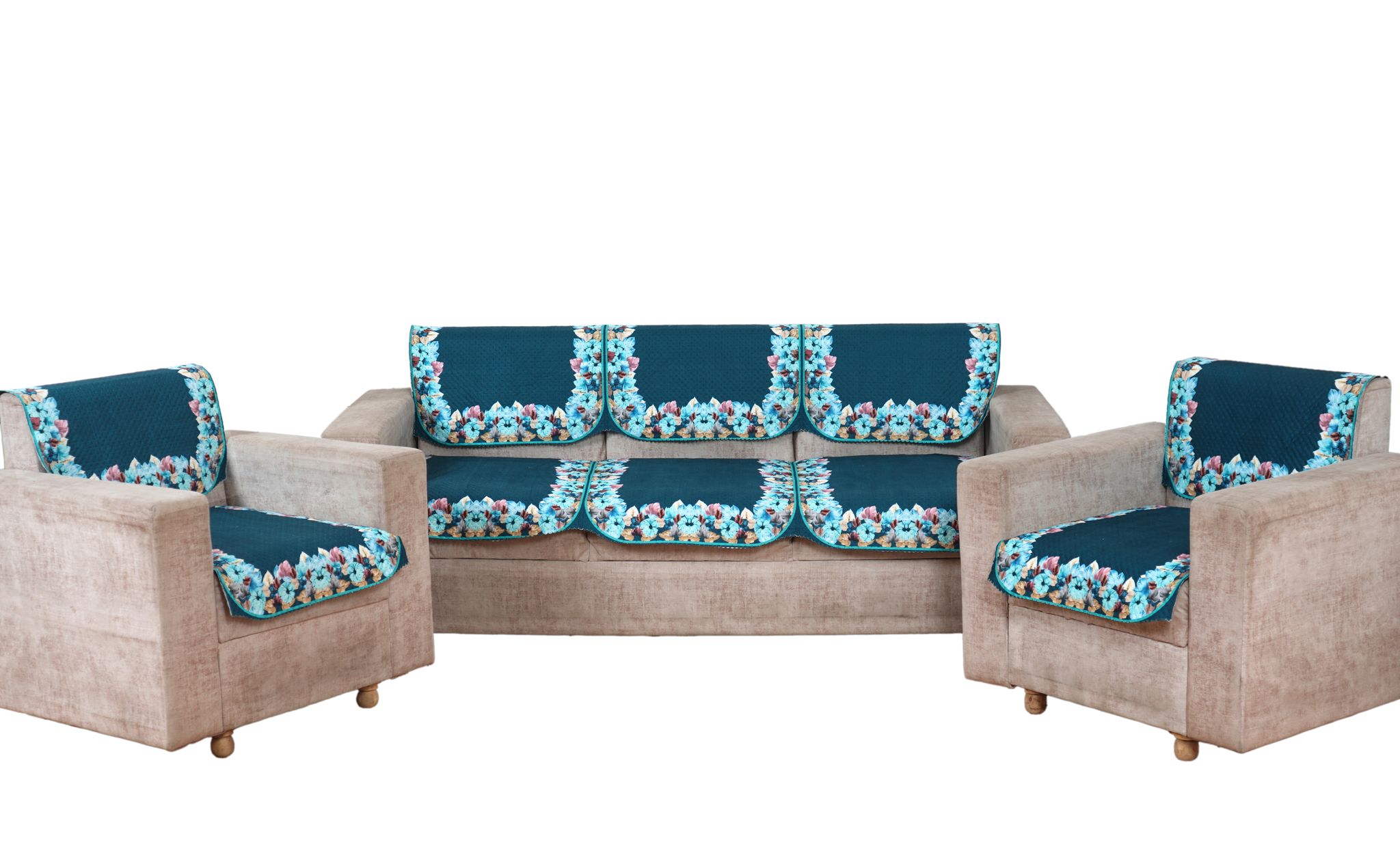 Fabricasa Modern Quilted Reversible Velvet Sofa Cover- Turquise Blue 5 Seater