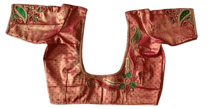  Red and gold zari embroidered boat neck blouse with floral motifs