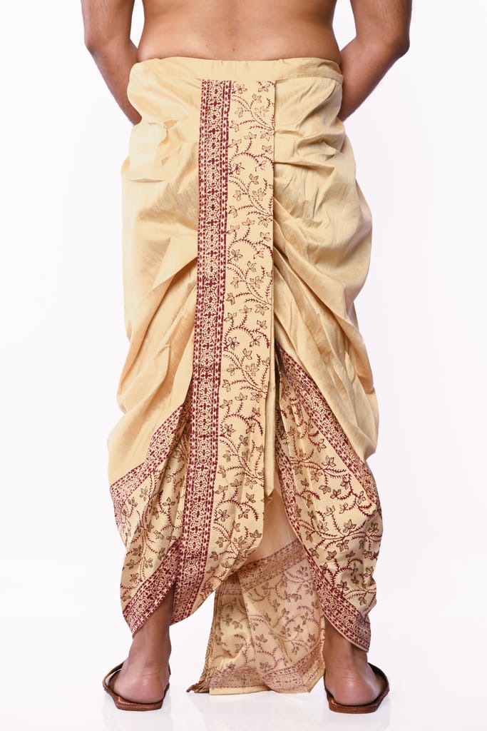 Oblik's Beige 01 Hand Block Print Dupion Silk Dhoti For Men