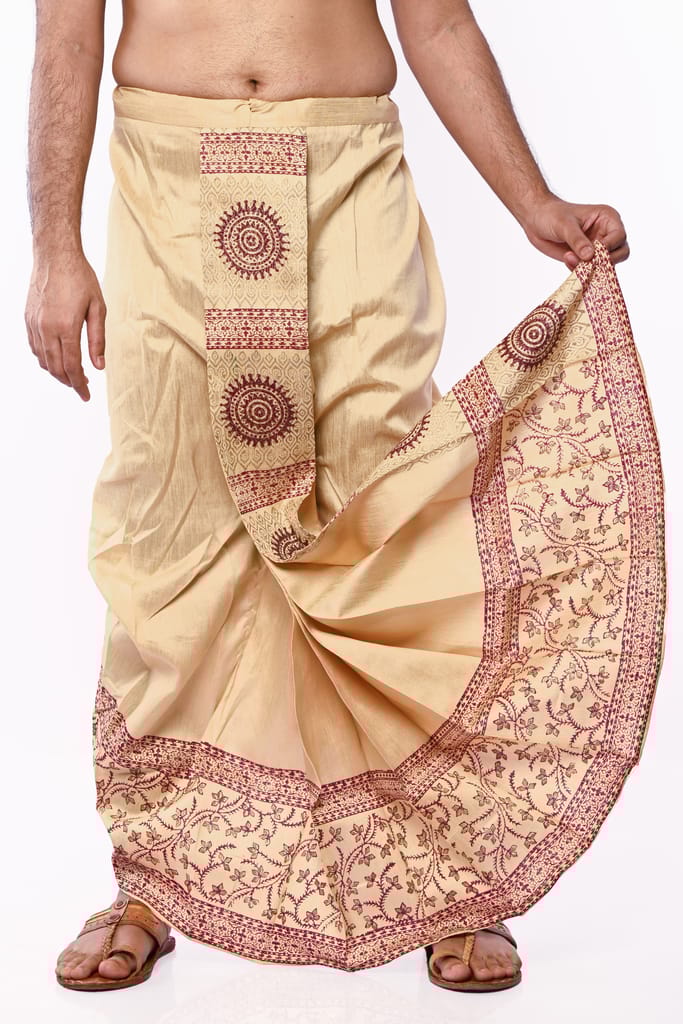 Oblik's Beige 01 Hand Block Print Dupion Silk Dhoti For Men