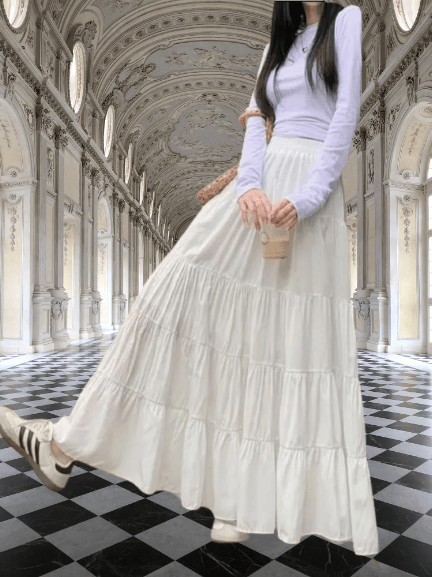 White Ruffle High Waist Long Skirt