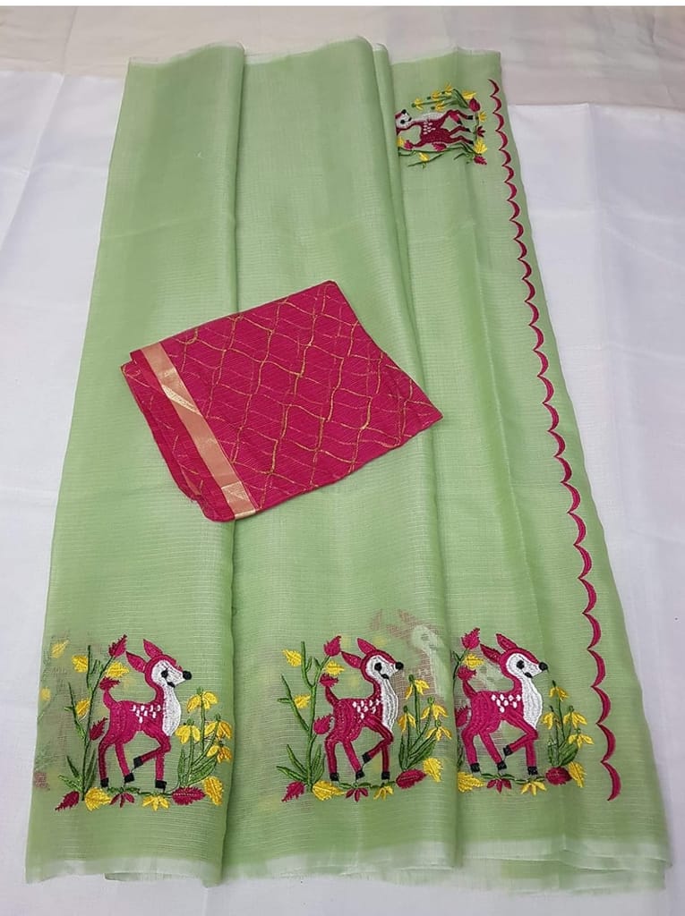 Green Linen Saree With Floral And Deer Embroidery Work