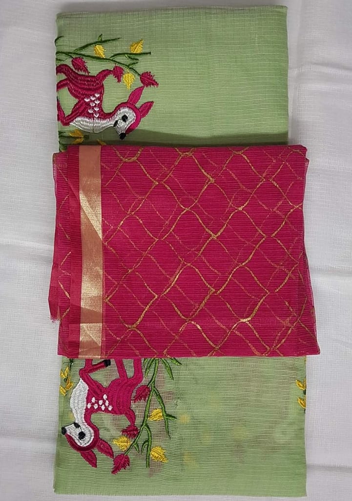 Green Linen Saree With Floral And Deer Embroidery Work