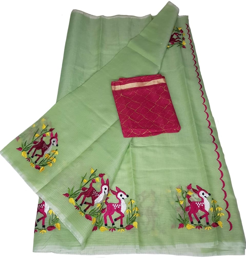 Green Linen Saree With Floral And Deer Embroidery Work