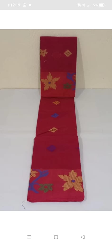 Red and gold zari woven cotton silk saree with blouse piece