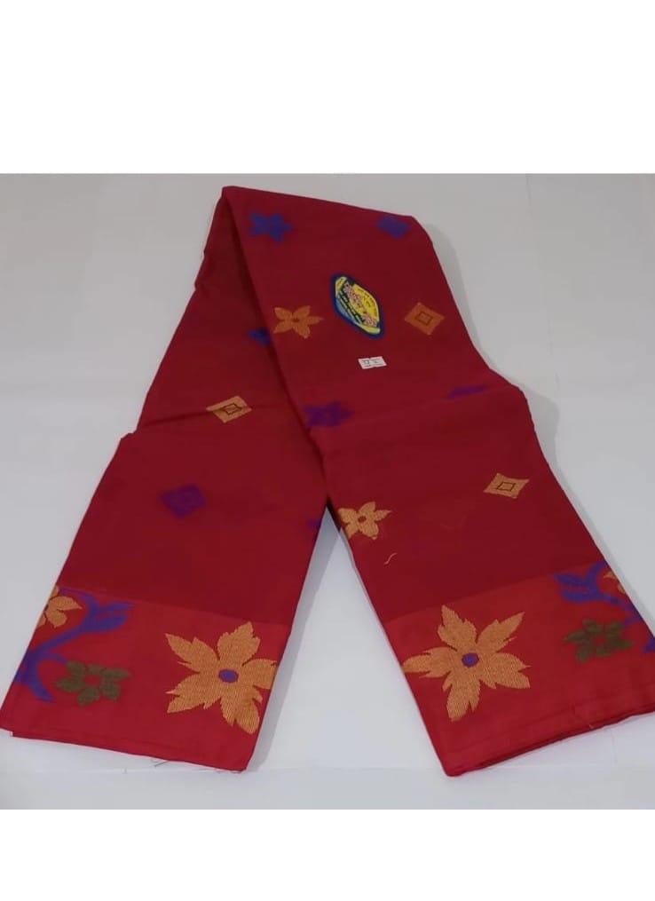 Red and gold zari woven cotton silk saree with blouse piece