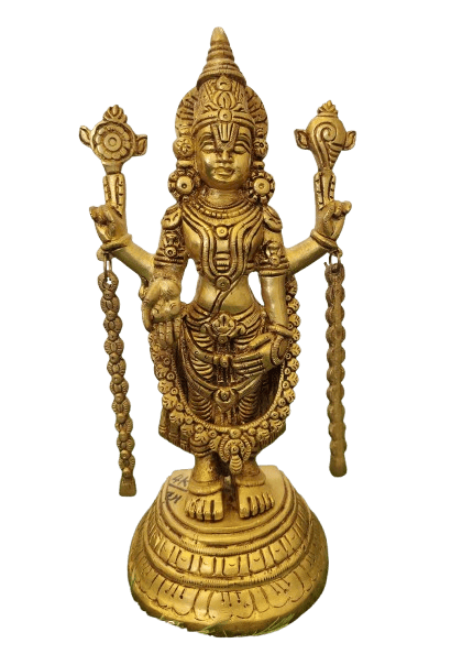  Brass Lord Vishnu Statue with Conch and Chakra