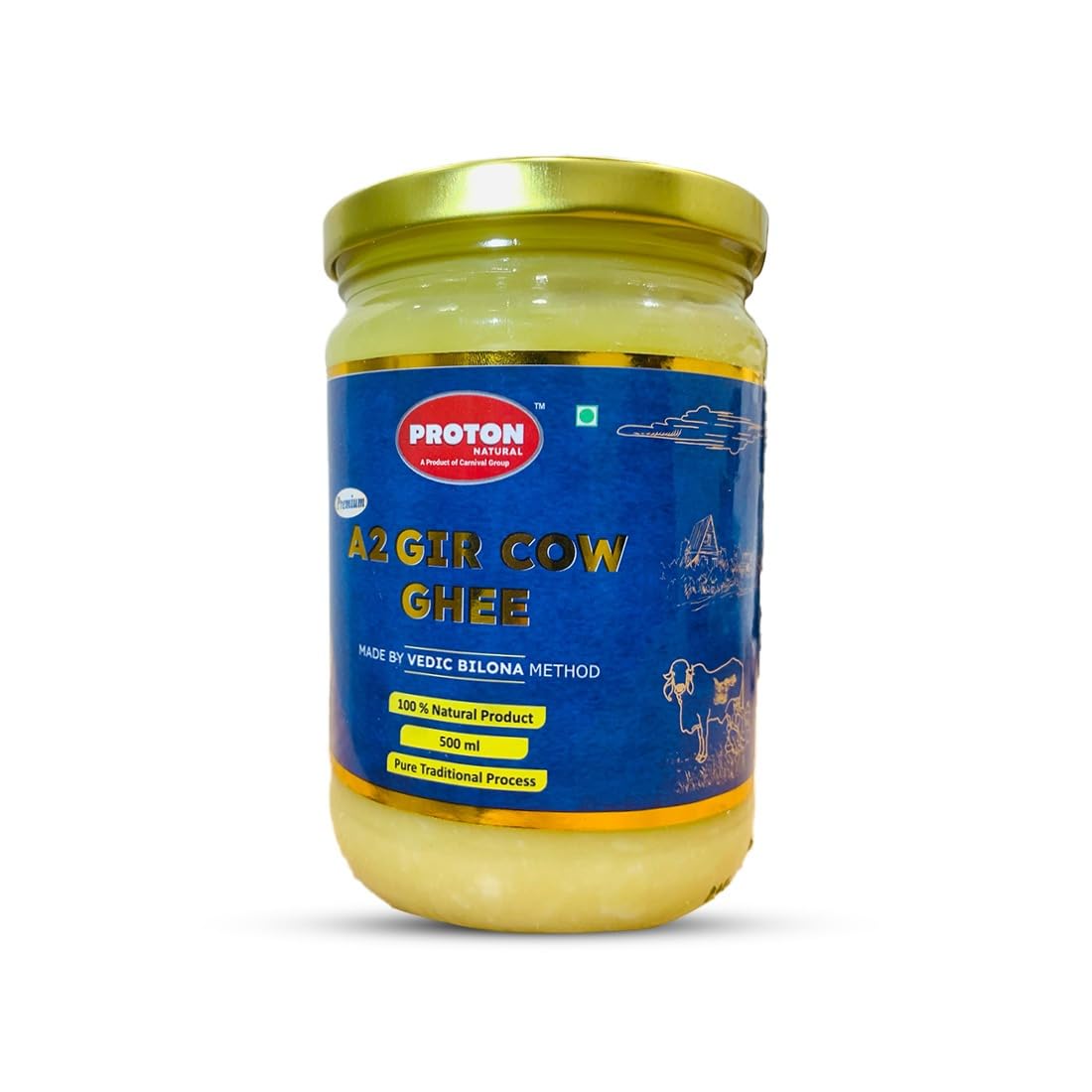 PROTON NATURAL A2 GIR COW GHEE 500ML | Pure A2 Gir Cow Ghee | Gir Cow Ghee 500 gram in Fresh | Neem Wood Bilona Method Ghee | No Added Preservatives | Grass-Fed Desi A2 Gir Cow Ghee |Lab Certified (500 ML)