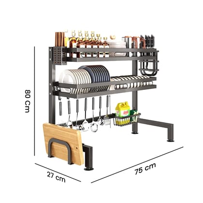 Over Sink Dish Rack for Kitchen, Bartan Stand for Drying, Carbon Steel, 2 Layer, Drainer Shelf/Kitchen Organizer/Utensil Storage (IBLDR275, Black)