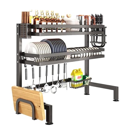 Over Sink Dish Rack for Kitchen, Bartan Stand for Drying, Carbon Steel, 2 Layer, Drainer Shelf/Kitchen Organizer/Utensil Storage (IBLDR275, Black)