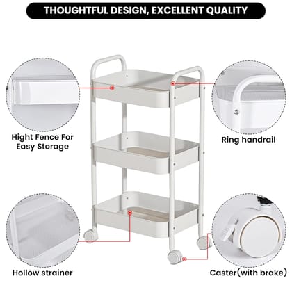 KT-W3 Kitchen Storage Rack, Steel Kitchen Trolley with Wheels, Hooks and 3-Layer Baskets, Vegetable Stand for Kitchen Organizer, Onion Potato Basket for Storage, Loading Per Layer, White