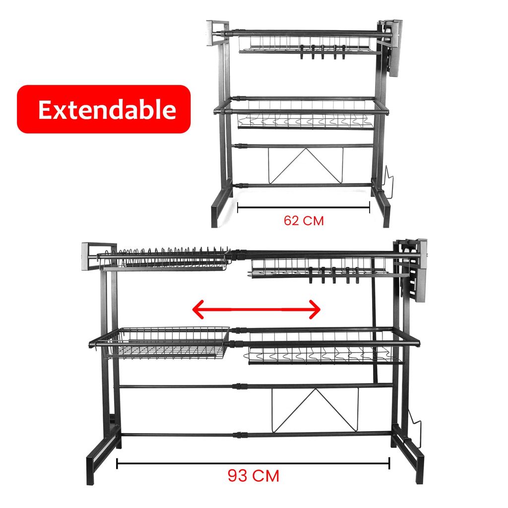 293 Dish Rack for Kitchen, 2 Layer, Adjustable Length Barton Stand Made of Carbon Steel for Drying Dishes and Other Utensils (Black)