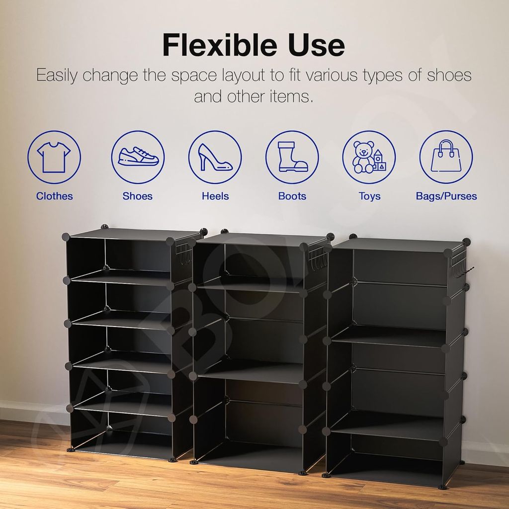 5 Shelf Shoe Rack Box Organizer with Door Magnet and 5 Hooks Steel Holder for Home Shoes Storage, PP Plastic Cabinets with Metal Door Frame, Slipper Stand (Black Rack, Translucent Door)