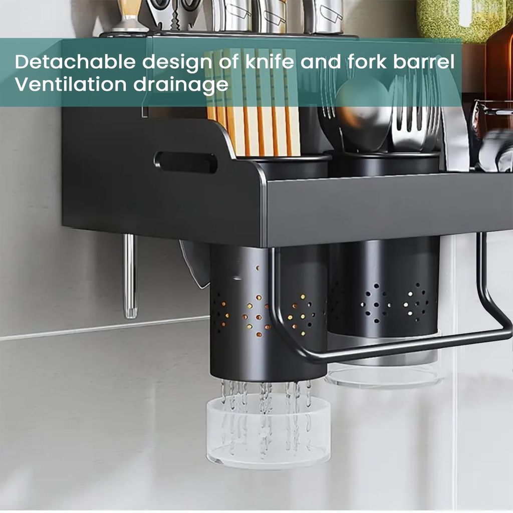 Multifunctional Wall-Mounted Kitchen Storage Organizer Rack with Spice Shelf, Utensil Hooks and Holder - IBLCH260