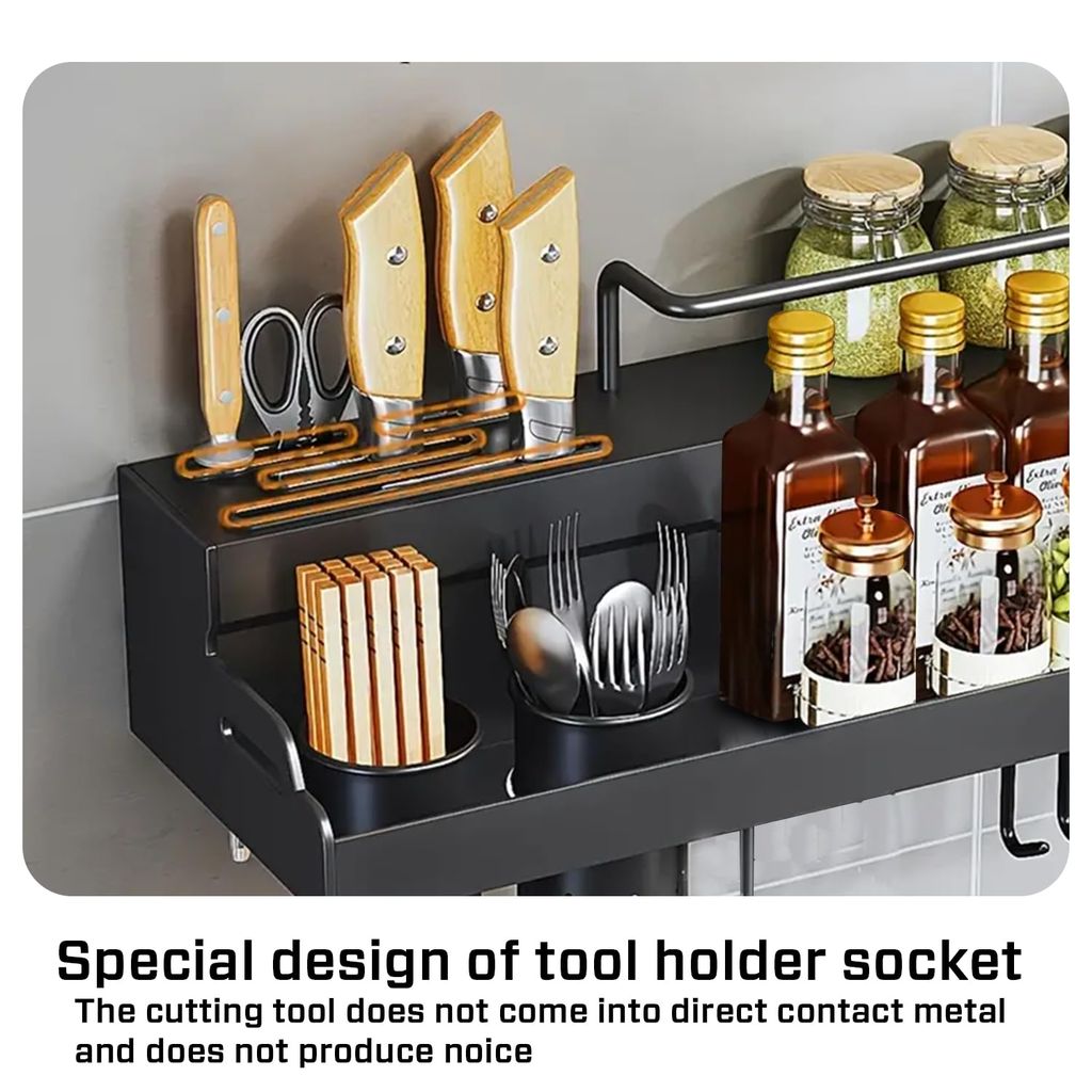 Multifunctional Wall-Mounted Kitchen Storage Organizer Rack with Spice Shelf, Utensil Hooks and Holder - IBLCH260
