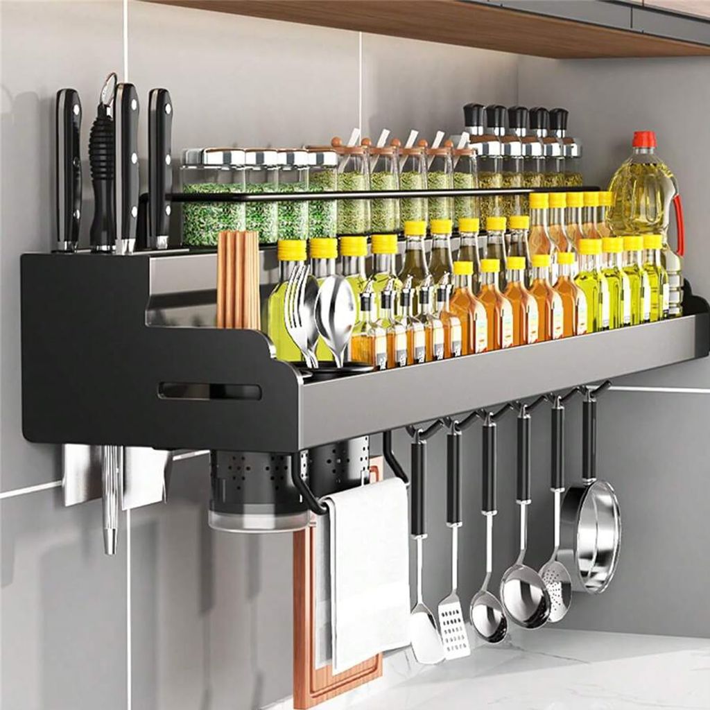Multifunctional Wall-Mounted Kitchen Storage Organizer Rack with Spice Shelf, Utensil Hooks and Holder - IBLCH260