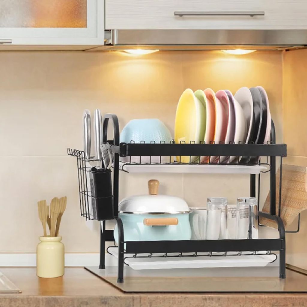 Dish Drying Rack, 2-Tier Bartan Stand/Drainer Shelf/Kitchen Organizer/Counter for Utensil Storage - (IBLDR217, Black)