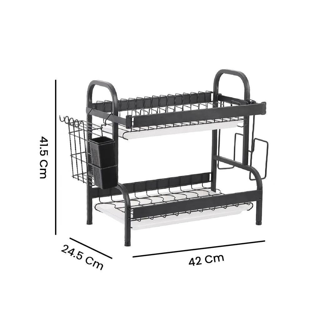 Dish Drying Rack, 2-Tier Bartan Stand/Drainer Shelf/Kitchen Organizer/Counter for Utensil Storage - (IBLDR217, Black)