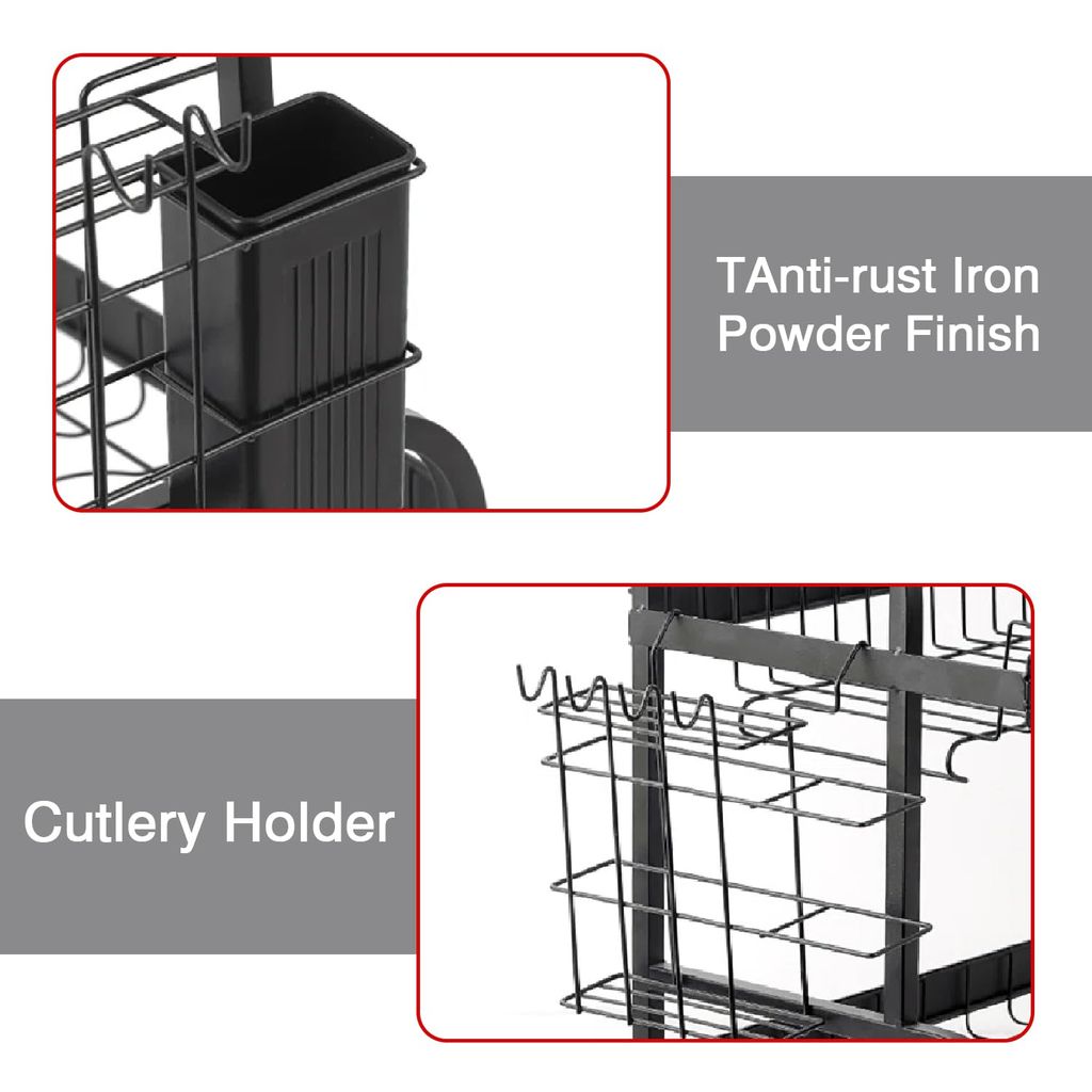 Dish Drying Rack, 2-Tier Bartan Stand/Drainer Shelf/Kitchen Organizer/Counter for Utensil Storage - (IBLDR217, Black)