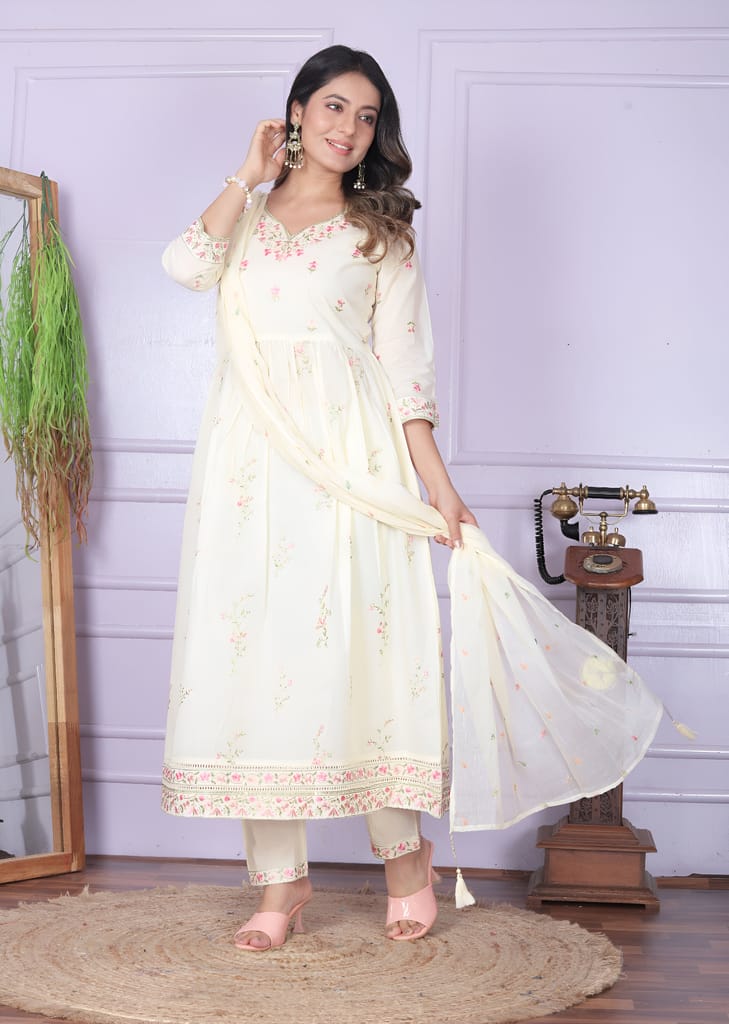 White Natural Cream Ready to wear indian salwar kameez Dupatta for women anarkali designer pakistani dresses Festival 3 piece
