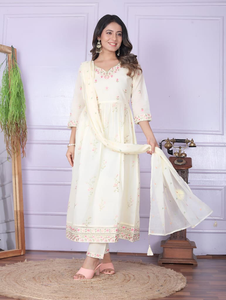 White Natural Cream Ready to wear indian salwar kameez Dupatta for women anarkali designer pakistani dresses Festival 3 piece