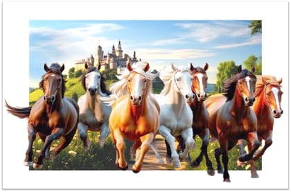 7 Running Horse Painting | Seven running horses painting | Vastu Painting for Home and Office | Seven lucky running horses painting | Unframed Wall Mount Painting | Size: A4