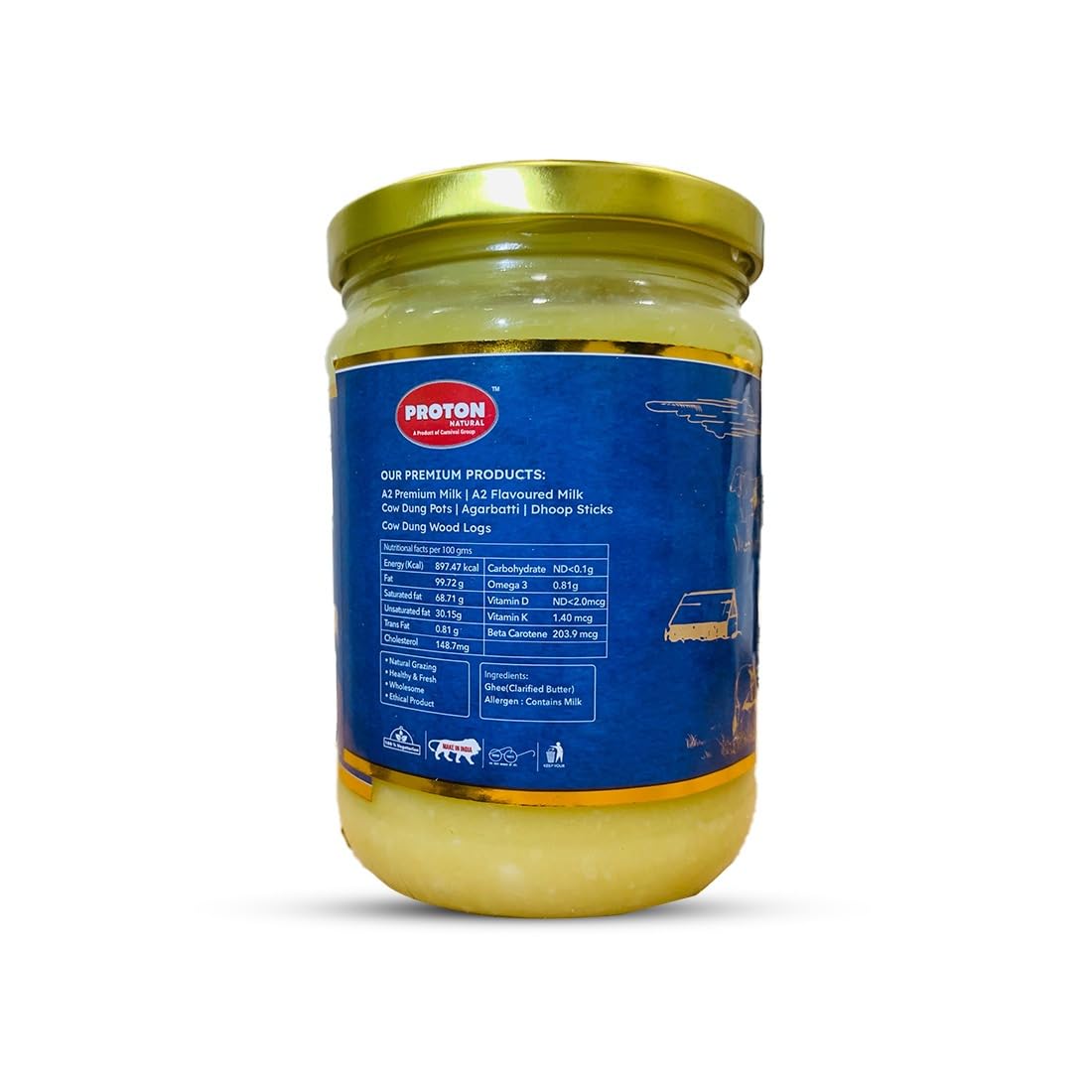 PROTON NATURAL A2 GIR COW GHEE 500ML | Pure A2 Gir Cow Ghee | Gir Cow Ghee 500 gram in Fresh | Neem Wood Bilona Method Ghee | No Added Preservatives | Grass-Fed Desi A2 Gir Cow Ghee |Lab Certified Pack of 2