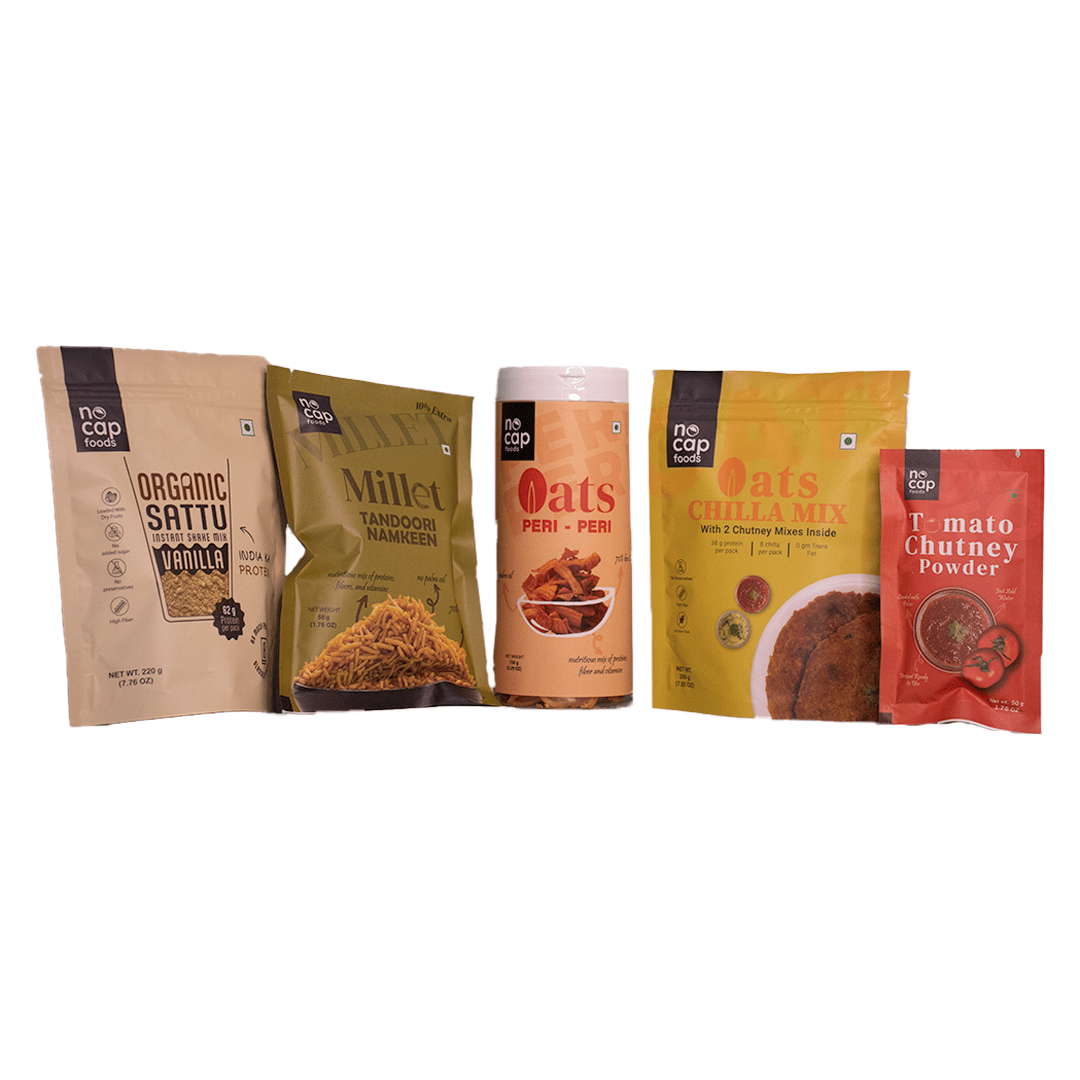 Combo of 5 |High Protein, Fiber-Rich  | Oats Chilla Premix 200 gm (1), Oats Peri Peri Chips Box 150 gm (1), Sattu Vanilla Shake 220 gm (1), Tomato Chutney Instant Mix 50 gm (1), Millet Tandoori Namkeen 50 gm (1)