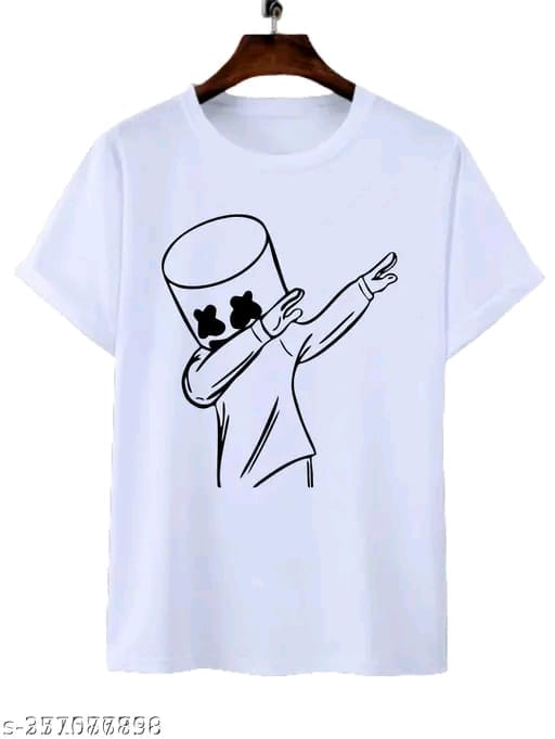  Men's White Graphic T-Shirt Featuring a Black Outline of Marshmello Dabbing